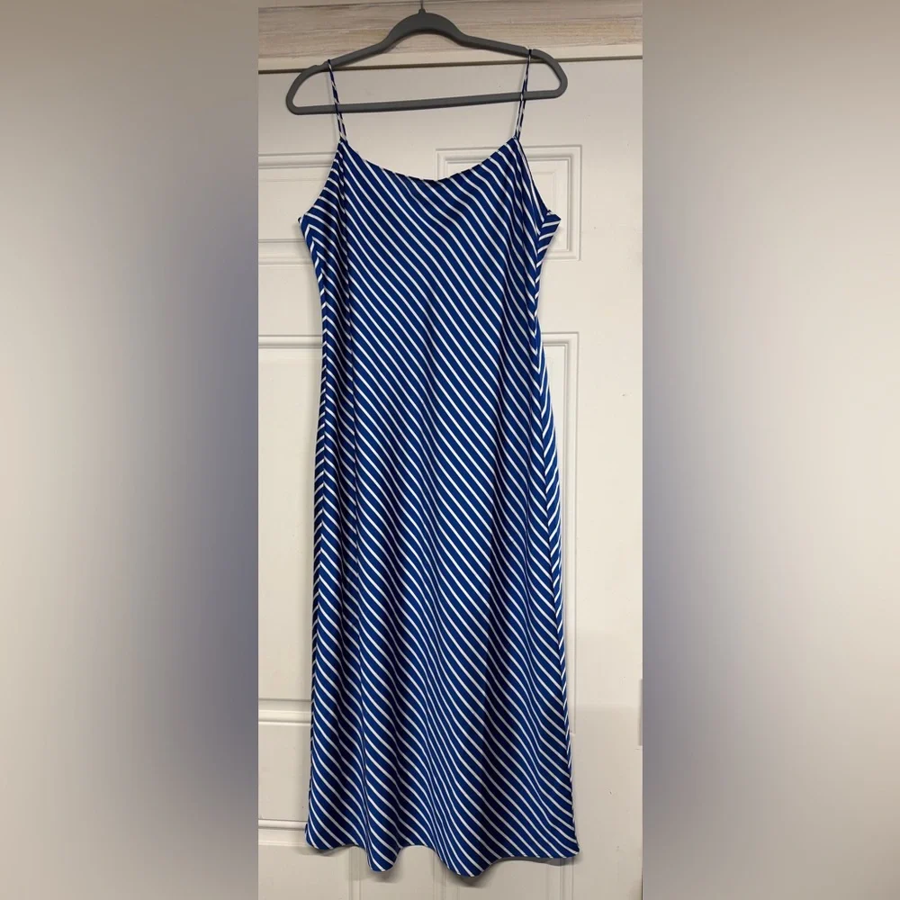 J. Crew $118 Gwenyth Slip Tank Dress Blue White Nautical Stripes Patriotic Satin